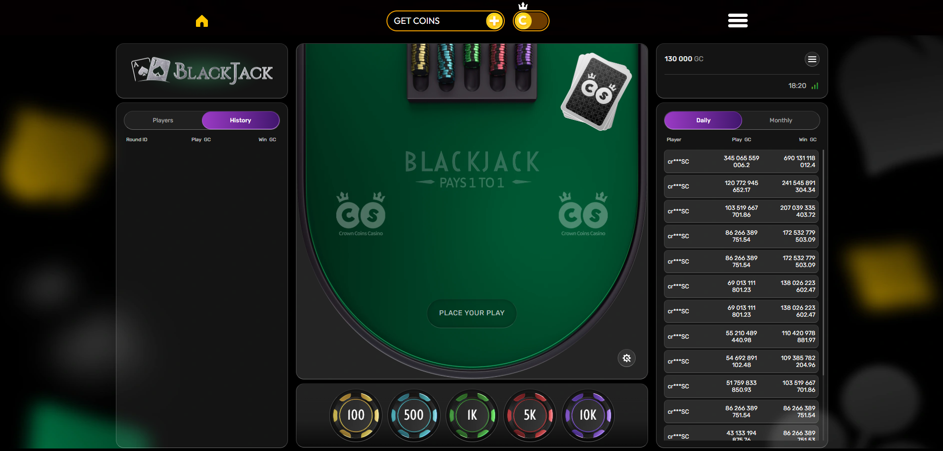 Blackjack table at Crown Coins Casino